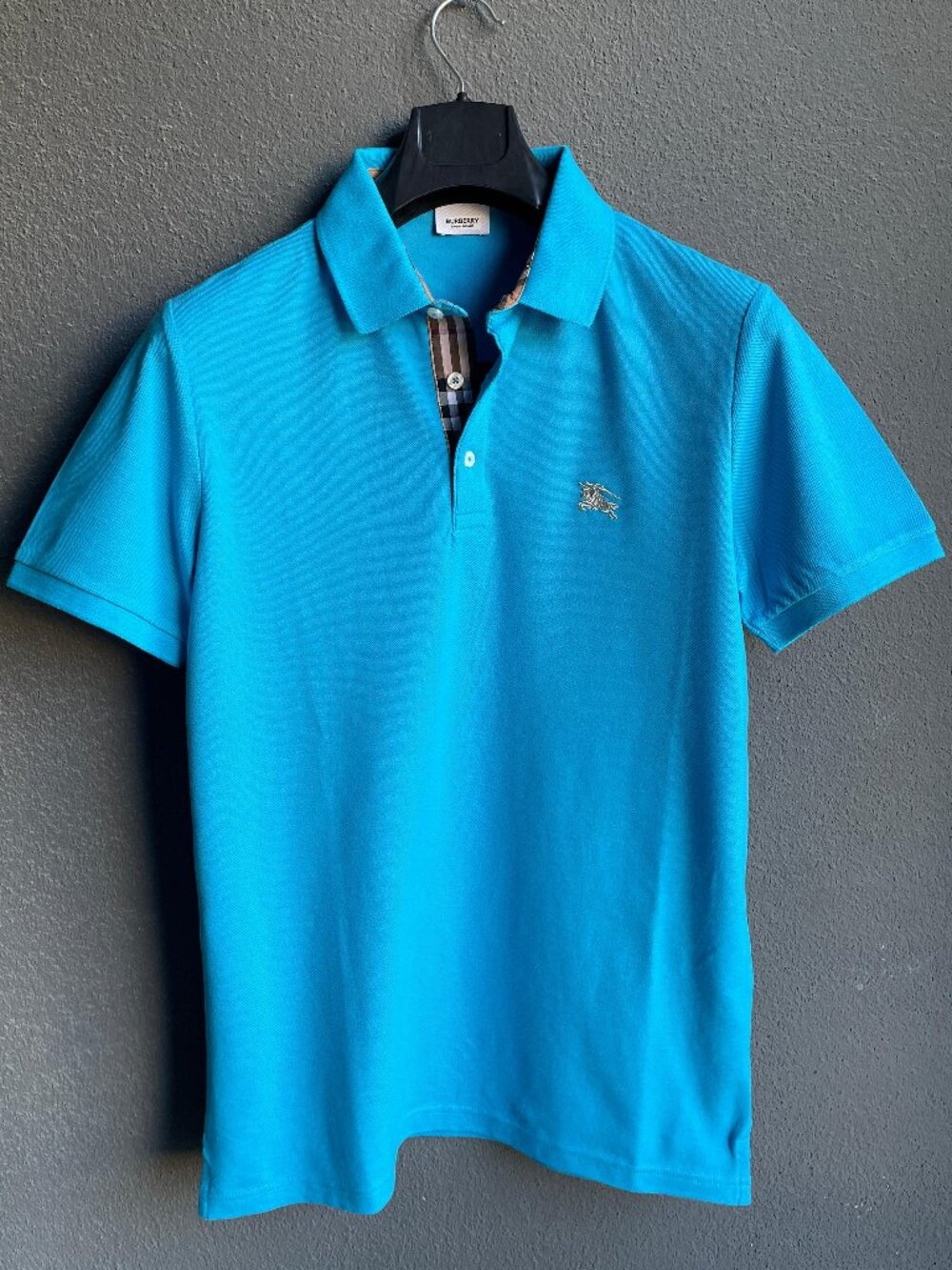 Burberry Men's Blue Polo Shirt Nova Check Placket Short Sleeve Cotton Large